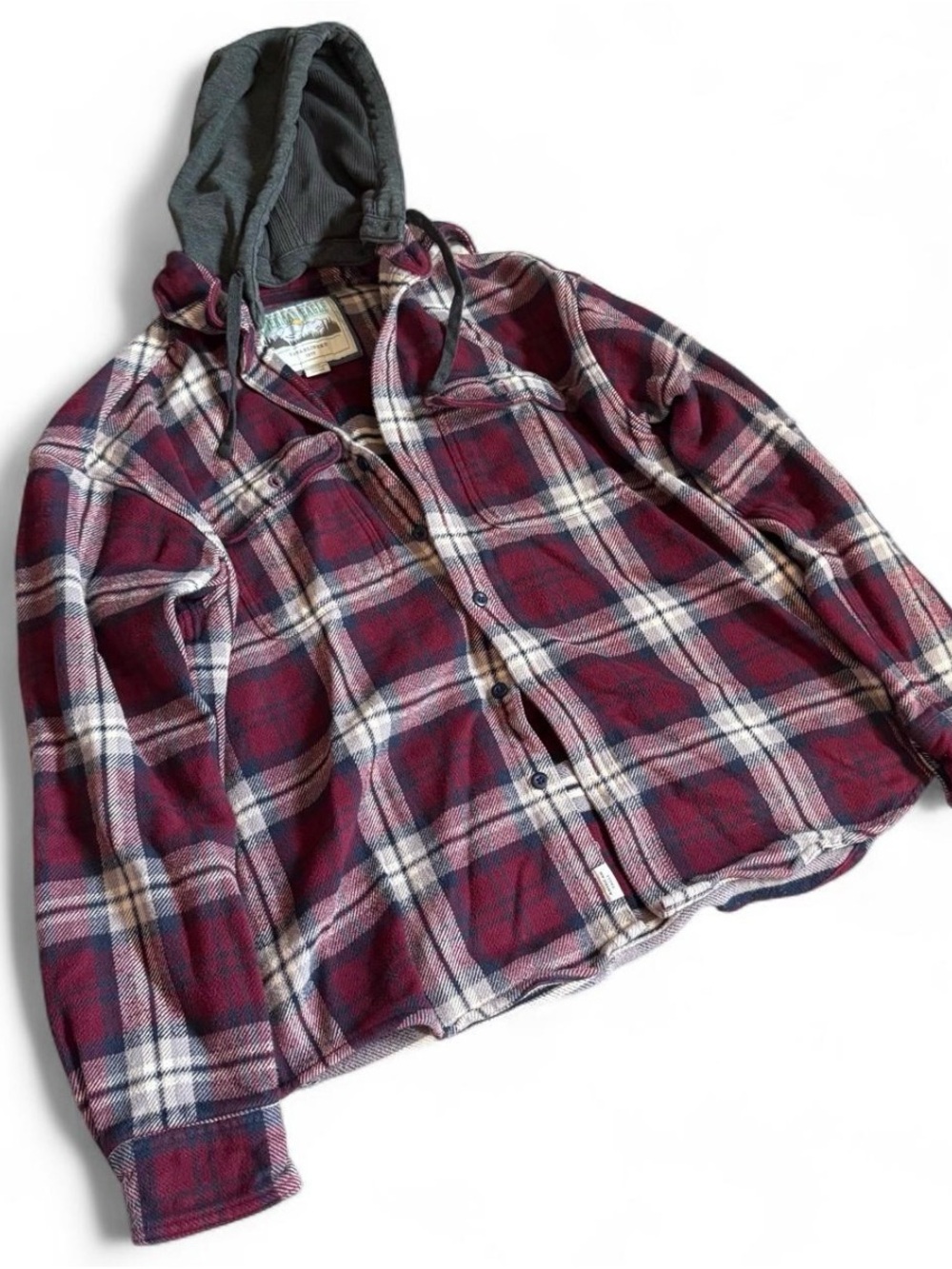 Plaid Hooded Flannel Jacket - Burgundy/Gray - American Eagle